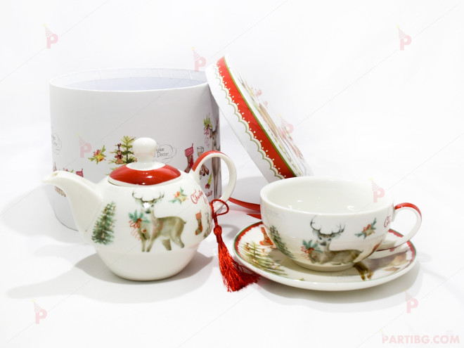 Чайник с чаша за чай коледни в луксозна подаръчна кутия | PARTIBG.COM