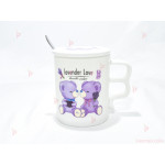 Чаша за чай с лъжичка от порцелан с две лилави мечета | PARTIBG.COM